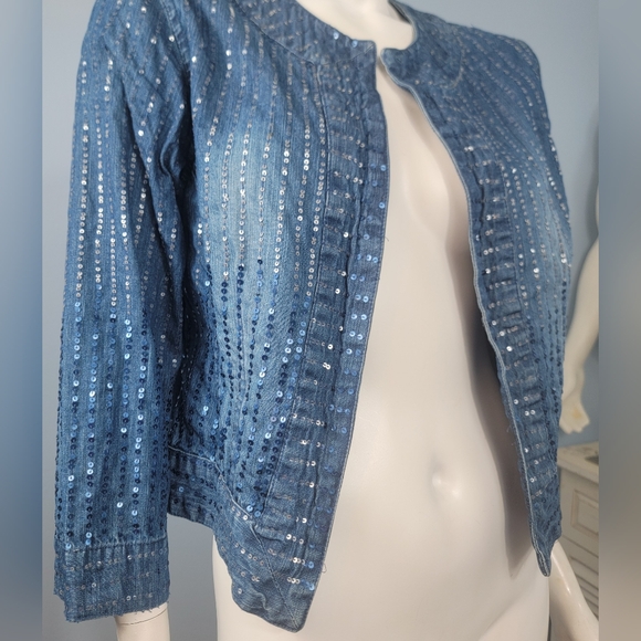 Chico's 100%cotton all sequins open front blue jean jacket size 1 Medium - Picture 9 of 16